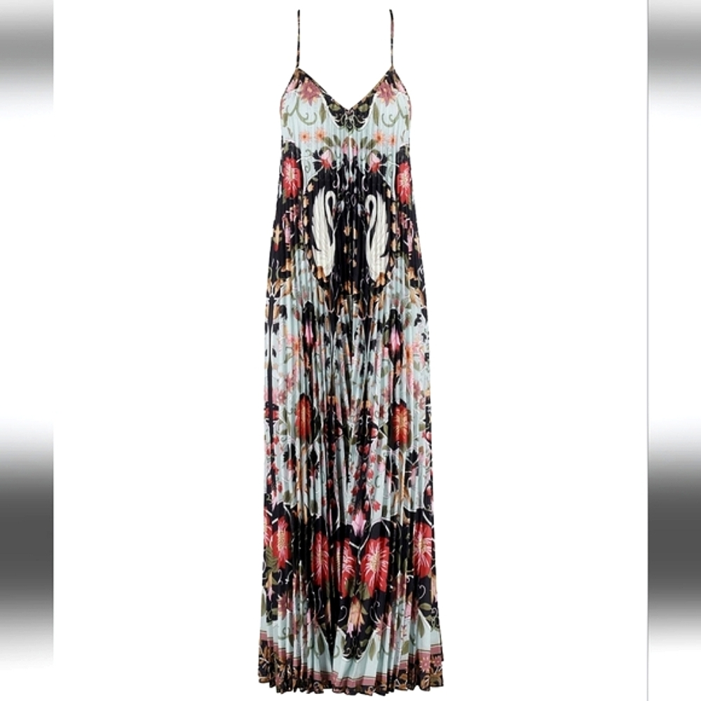 NWT$280 FARM RIO Blue Flowing Beauty Pleated Sleeveless Midi Dress Size Large - Picture 4 of 16